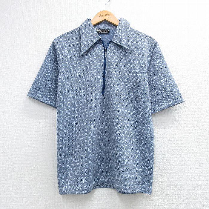 S/古着 半袖 ハーフジップ シャツ メンズ 70年代 70s 総柄 ネイビー