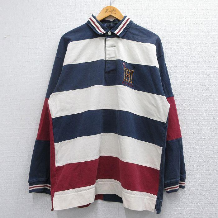 トミーヒルフィガー 90s ラガーシャツ 極厚コットン L 紺 刺繍 輸入 古着 TOMMY HILFIGER（トミー・ヒルフィガー） L/古着 長袖 ブランド ラガー