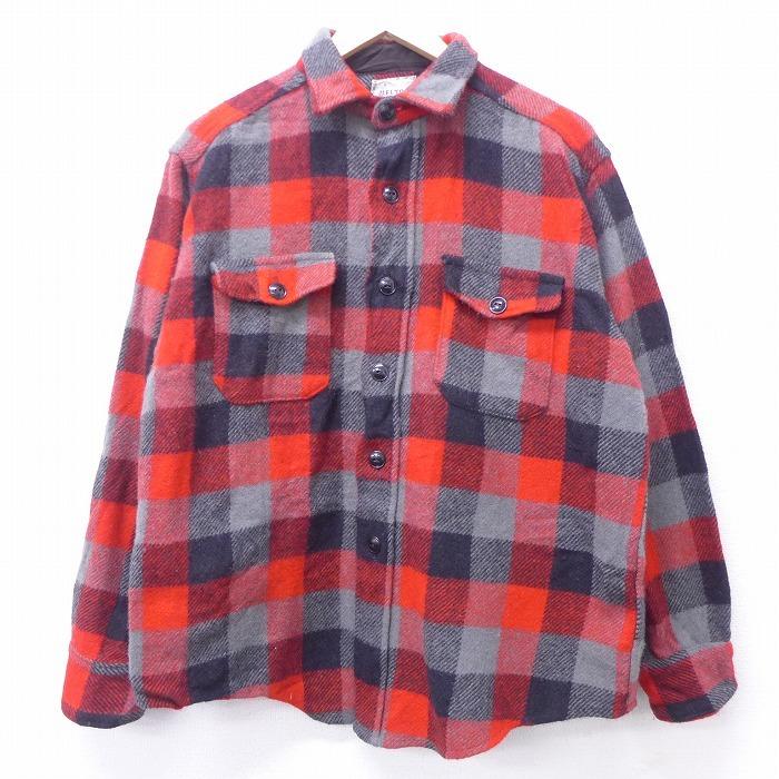 L/古着 長袖 ビンテージ ウール シャツ 70s メルトン MELTON 赤他