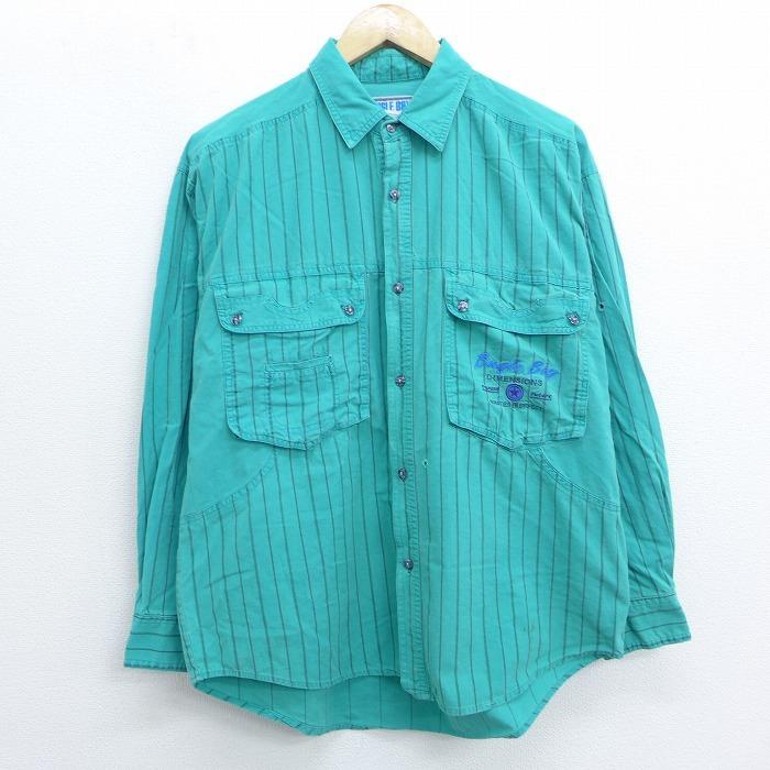 L 古着 長袖 シャツ 90s ビューグルボーイ 刺繍 コットン 青緑 ストライプ sep29 中古 メンズ トップス Shr0547 古着屋rushout 通販 Yahoo ショッピング