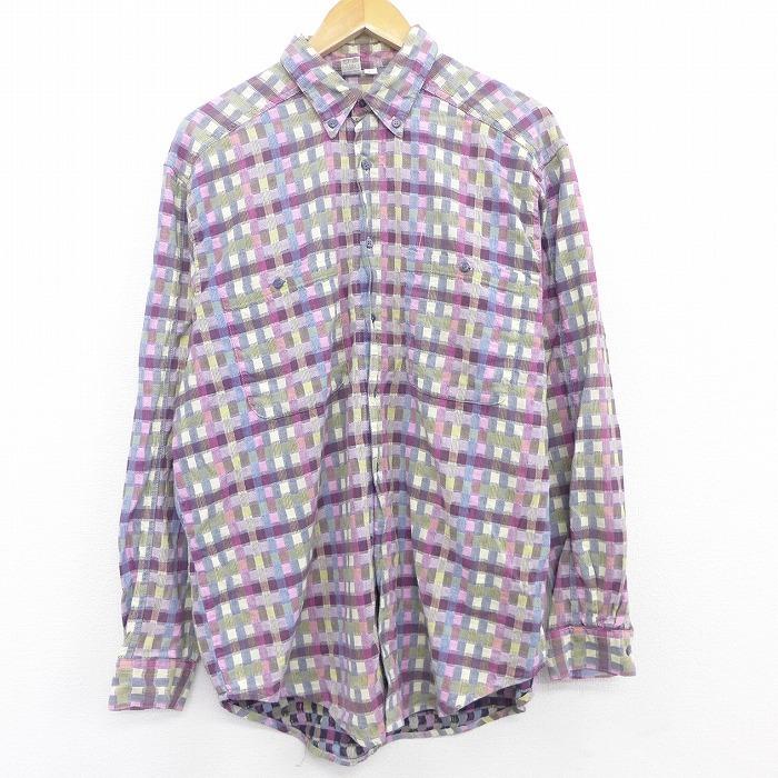 L 古着 長袖 シャツ コットン ボタンダウン ロング丈 紫他 パープル チェック 21apr14 中古 メンズ トップス Shr 古着屋rushout 通販 Yahoo ショッピング