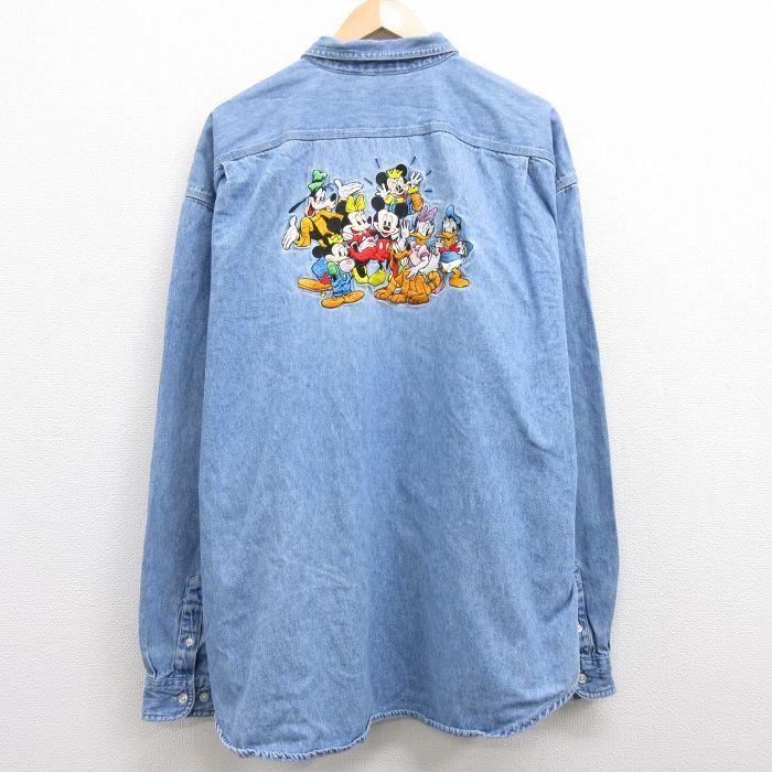 Xl 古着 長袖 シャツ メンズ 90s ディズニー Disney ミッキー Mickey Mouse ミニー 刺繍 大きいサイズ ロング丈 コットン 薄紺 ネイビー デ Shr 古着屋rushout 通販 Yahoo ショッピング