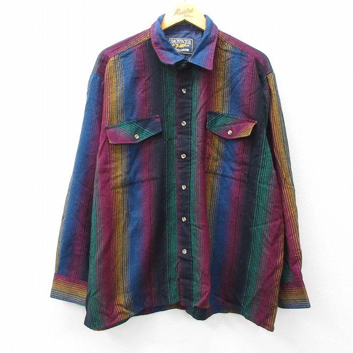 XL/古着 バックパッカー 長袖 シャツ メンズ 90s 大きいサイズ 紺他  
