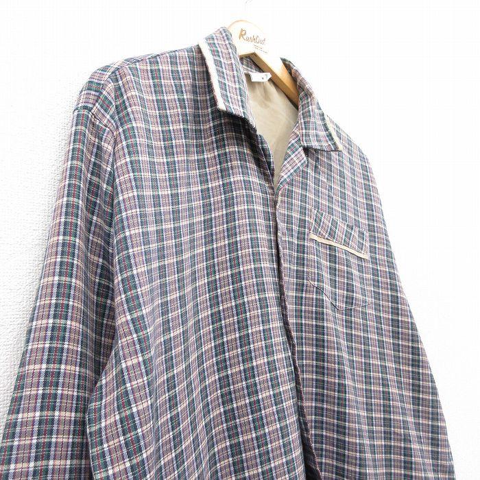 L/古着 長袖 パジャマ シャツ メンズ 90s 開襟 オープンカラー 緑他