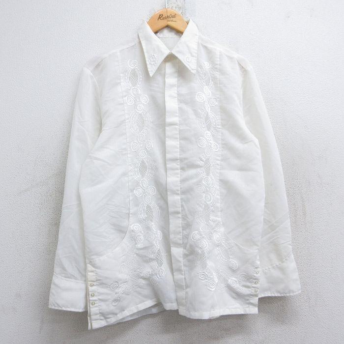 【希少】 90s vintage ホワイト リネン キューバシャツ 長袖タイプ L/古着 長袖 キューバ シャツ メンズ 90年代 90s 刺繍 白 25nov13