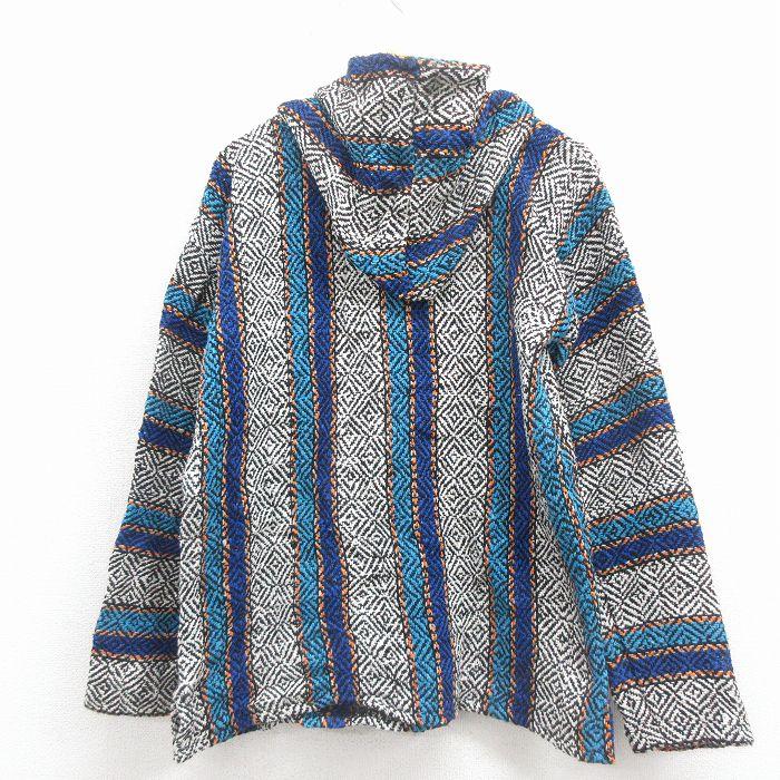 メキシカンパーカー 白×青×茶 チマヨ柄 M/古着 メキシカン パーカー メンズ 青他 ストライプ spe 26jan22
