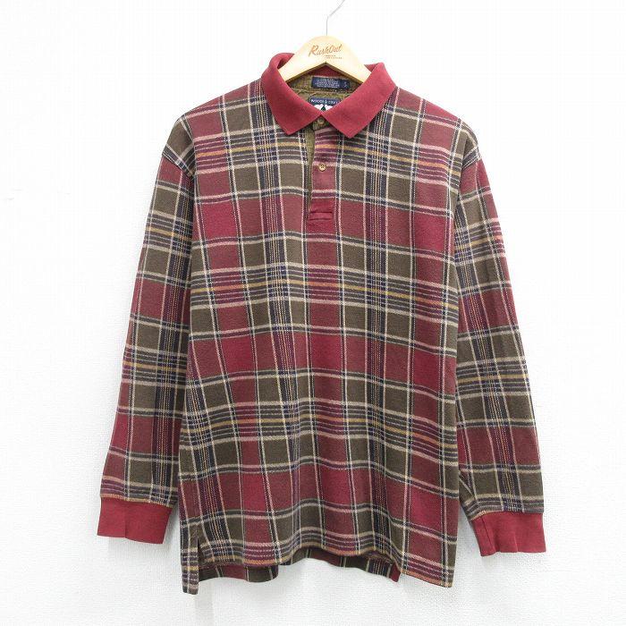 L/古着 長袖 ポロ シャツ メンズ 90年代 90s コットン USA製 エンジ他