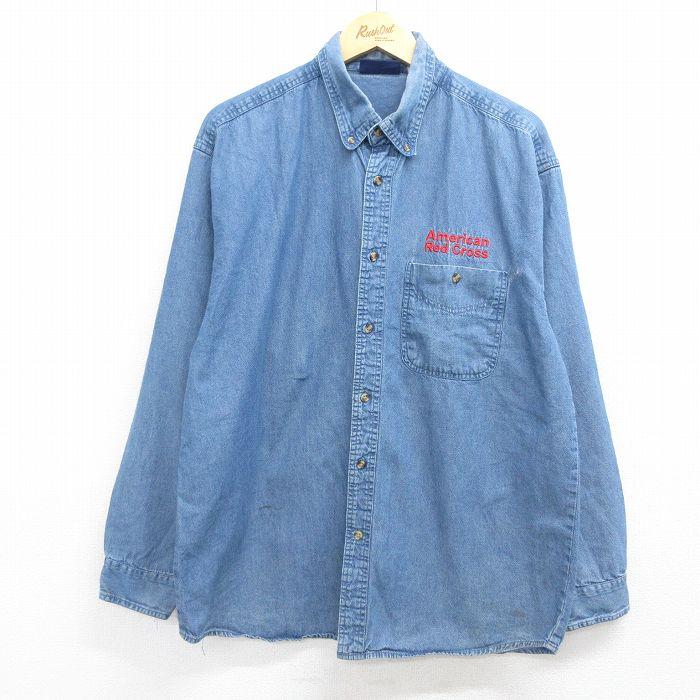 XL/古着 長袖 シャツ メンズ Red Cross ロング丈 コットン ボタン
