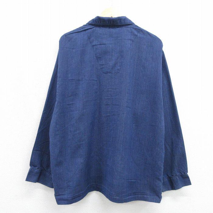 XL/古着 長袖 パジャマ シャツ メンズ 開襟 オープンカラー ネイビー