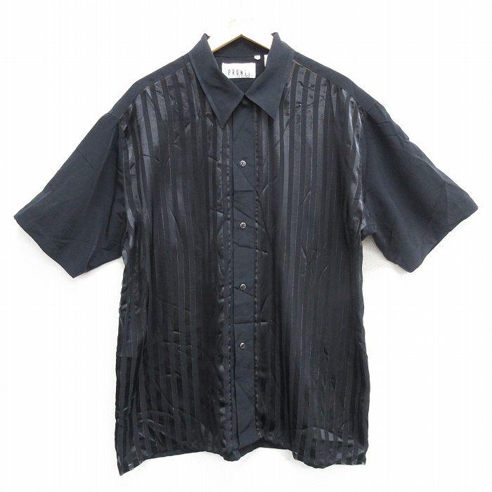 XL/古着 半袖 シャツ メンズ ロング丈 黒 ブラック ストライプ 25apr02