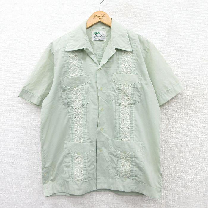 L/古着 半袖 キューバ シャツ メンズ 90s 刺繍 開襟 オープンカラー 薄