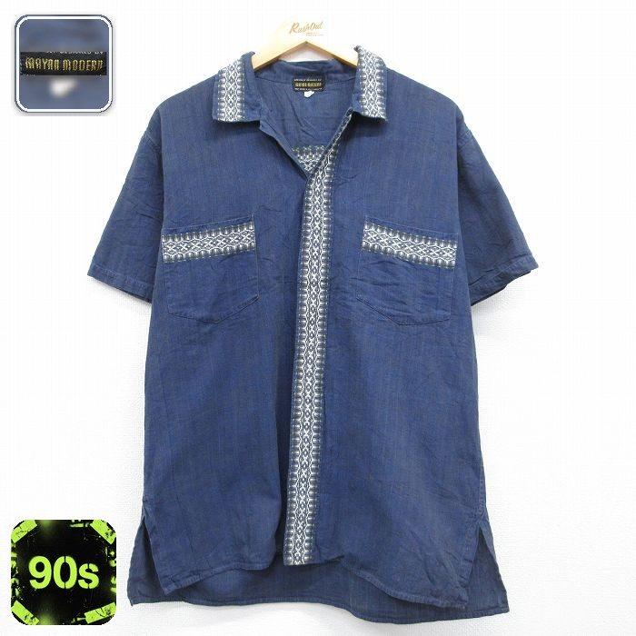 L/古着 半袖 グアテマラ シャツ メンズ 90年代 90s 刺繍 手織り 開襟 