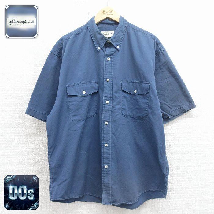 人気 エディーバウアー 半袖シャツ XL ネイビー 総柄 アウトドア 古着 Eddie Bauer（エディーバウアー） XL/古着 半袖 シャツ メンズ 00年代