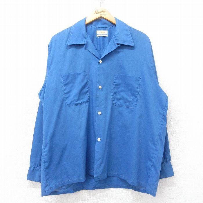 70'sビンテージ　オープンカラーシャツ XL/古着 長袖 ビンテージ シャツ メンズ 70s 開襟 オープンカラー 青