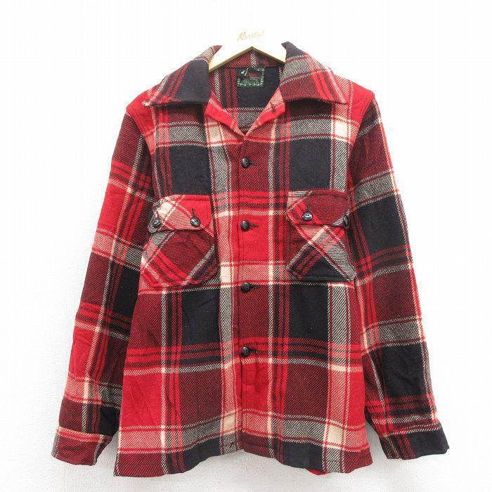 M/古着 長袖 ビンテージ ウール シャツ メンズ 70年代 70s 赤 チェック