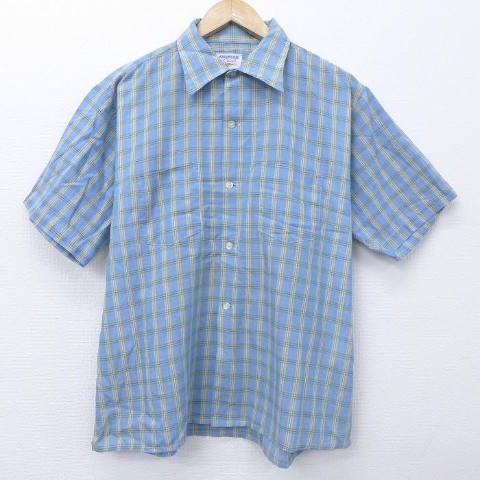 XL/古着 半袖 ビンテージ シャツ 70s 青他 ブルー オーバー チェック 