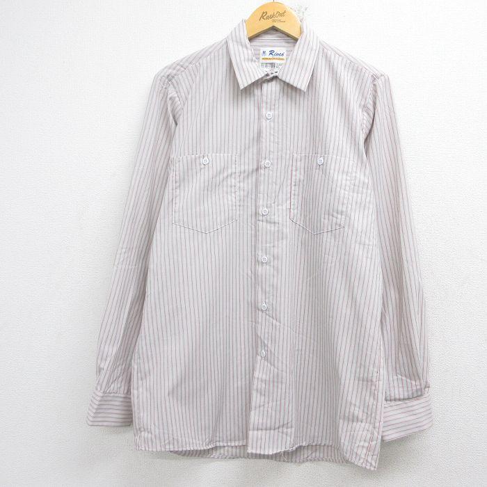 日本製 90s〜00s 古着 ストライプ ポリシャツ 長袖 メンズL レトロ L/古着 長袖 ワーク シャツ メンズ 90年代 90s ロング丈 USA製 グレー