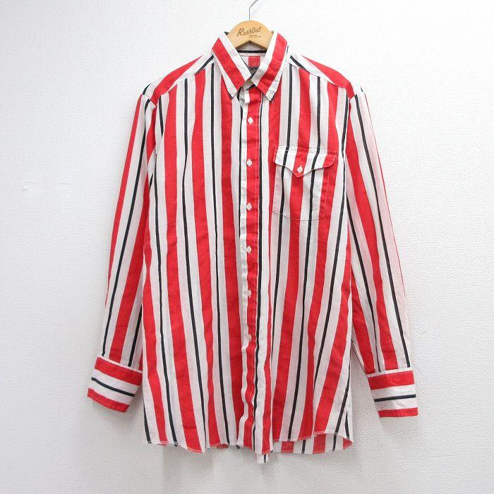 海外 ストライプシャツ L赤 L/古着 長袖 ウエスタン シャツ メンズ 90年代 90s USA製 レッド