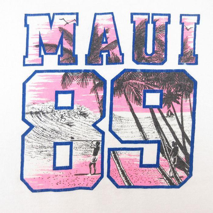 XL/古着 半袖 ビンテージ Tシャツ メンズ 80s MAUI 89 サーフィン コットン クルーネック 白 ホワイト 22jun01 中古｜furugiyarushout｜02