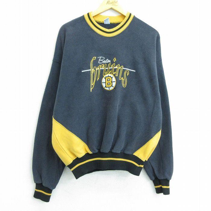 人気no 1 Xl 古着 長袖 スウェット メンズ 90s Nhl ボストンブルーインズ 刺繍 大きいサイズ クルーネック 黒他 ブラック アイスホッケー Spe 22may1