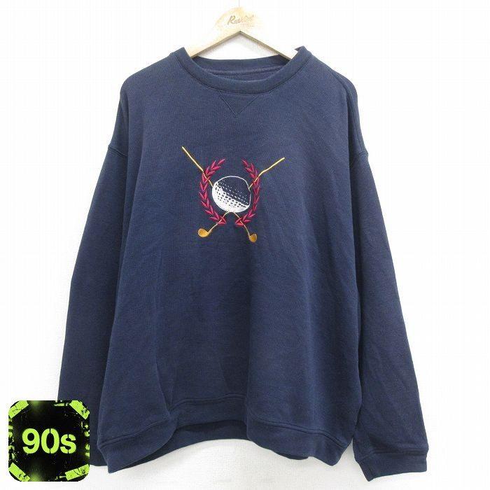 XL/古着 長袖 スウェット メンズ 90s ゴルフ 刺繍 ヒジ当て 大きい 