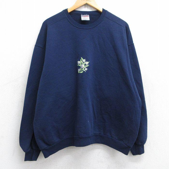 XL/古着 ジャージーズ 長袖 スウェット メンズ 00s 花 クルーネック 紺