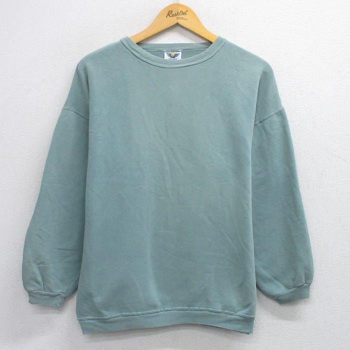 L/古着 長袖 スウェット メンズ 90s 無地 コットン クルーネック 薄緑