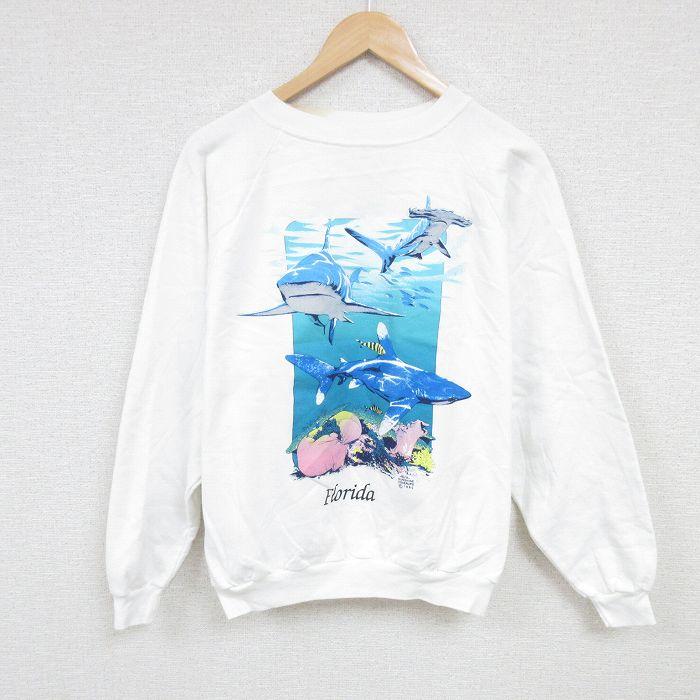 L/古着 長袖 スウェット メンズ 90s サメ 海 クルーネック 白 ホワイト
