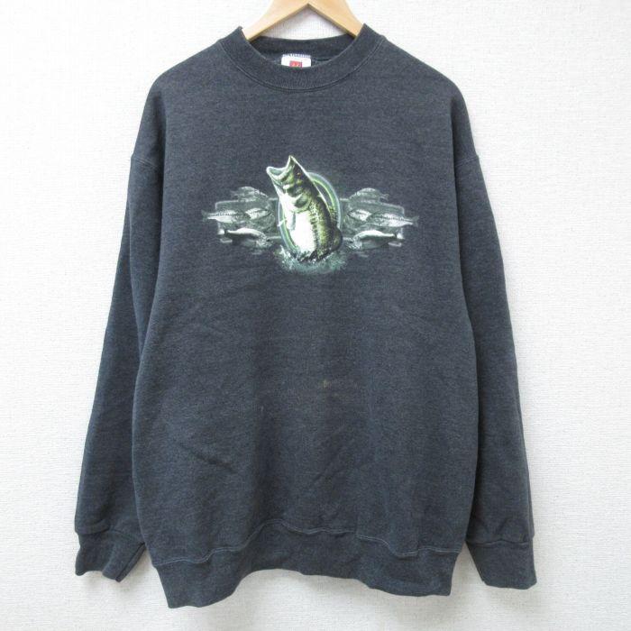 XL/古着 長袖 スウェット メンズ 魚 クルーネック 濃グレー 霜降り 