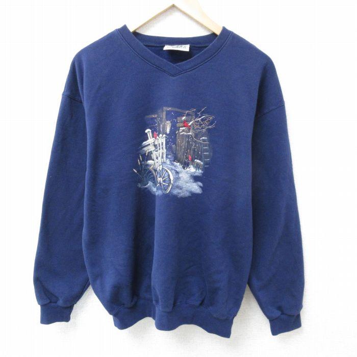 L/古着 長袖 スウェット メンズ 00s 鳥 Vネック 紺 ネイビー 25feb19