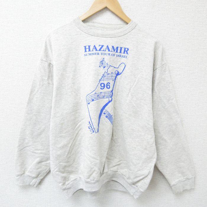 XL/古着 長袖 スウェット メンズ 90s 音符 クルーネック グレー 霜降り