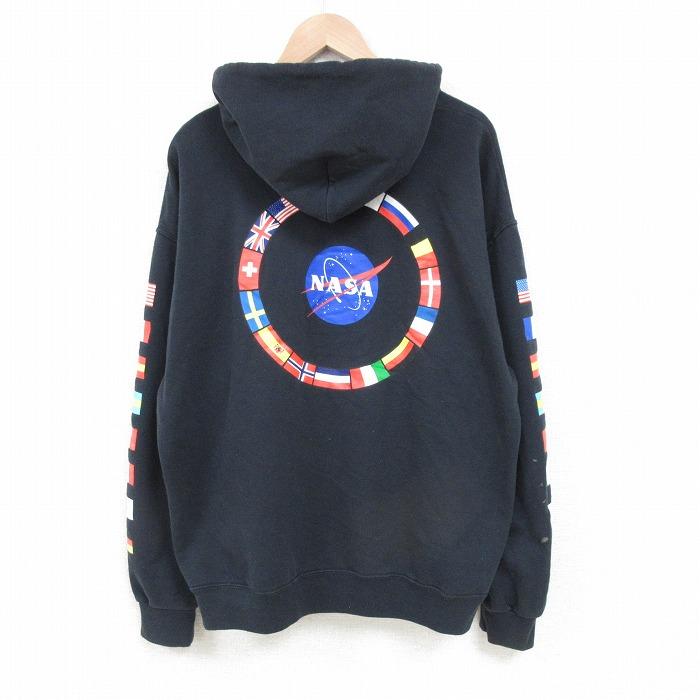 XL/古着 長袖 スウェット パーカー メンズ NASA 国旗 日の丸 星条旗 黒