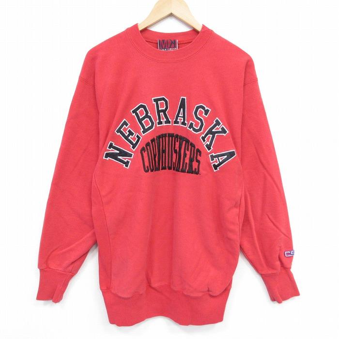 XL/古着 長袖 スウェット メンズ 00s ネブラスカ 刺繍クルーネック 赤
