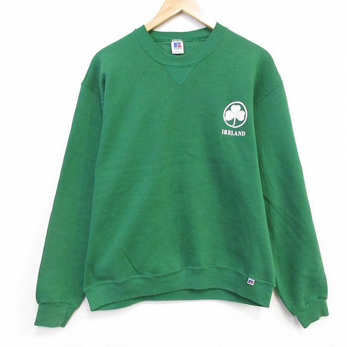 80s USA製 RUSSELL アーチロゴスウェット L 緑 A83 L/古着 ラッセル 長袖 スウェット メンズ 80年代 80s アイルランド