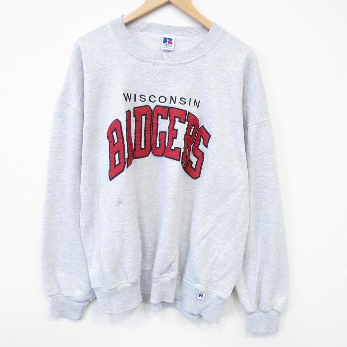 XL/古着 ラッセル 長袖 スウェット メンズ 90年代 90s BADGERS クルーネック USA製 薄グレー 霜降り【spe】 26jan31 XL/古着 ラッセル 長袖 スウェット メンズ 90年代 90s BADGERS クルー