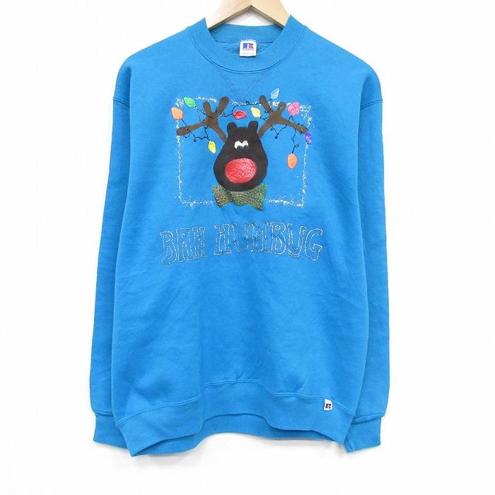 M/古着 ラッセル 長袖 スウェット メンズ 80年代 80s トナカイ ロング丈 クルーネック USA製 青【spe】 26apr24 M/古着 ラッセル 長袖 スウェット メンズ 80年代 80s トナカイ ロング