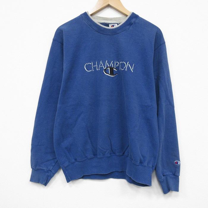 L/古着 チャンピオン champion 長袖 スウェット メンズ 90年代 90s ビッグロゴ 刺繍 クルーネック 青【spe】 26apr28 Champion（チャンピオン） L/古着 長袖 スウェット メンズ 90年代 90s
