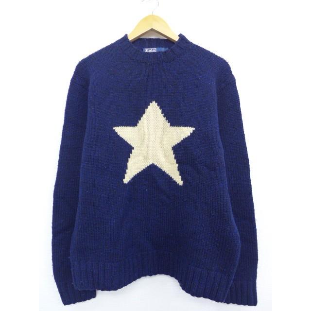 M 古着 長袖 ブランド セーター ラルフローレン Ralph Lauren 星 手編み ウール ハイネック モックネック 紺 ネイビー Spe 19oct15 中古 メンズ ニット トッ Sme Md