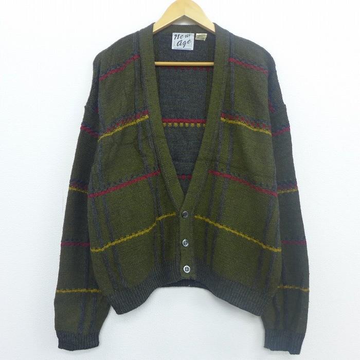 Xl 古着 長袖 ニット カーディガン ラグラン Vネック 緑 グリーン