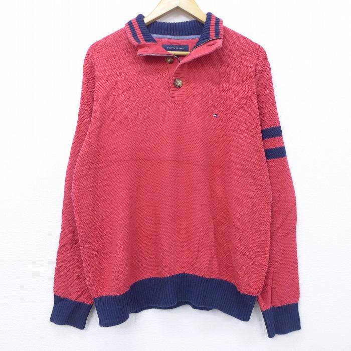 L 古着 長袖 ブランド セーター トミーヒルフィガー Tommy Hilfiger ワンポイントロゴ コットン 赤他 レッド aug31 中古 メンズ ニット トップス Swtr 古着屋rushout 通販 Yahoo ショッピング