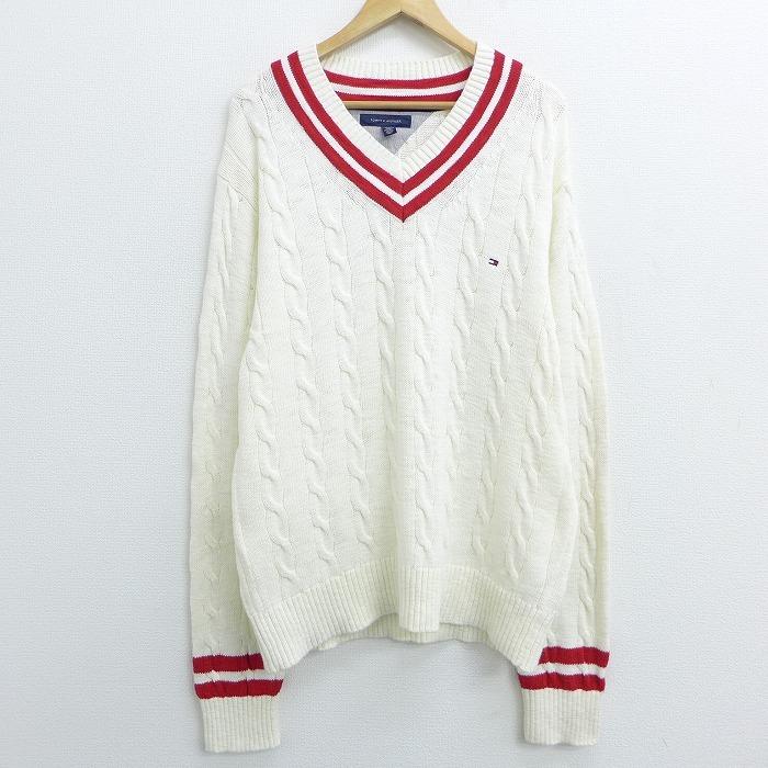 L 古着 長袖 ブランド チルデン ケーブル セーター トミーヒルフィガー Tommy Hilfiger ワンポイントロゴ コットン Vネック 白 ホワイト sep21 中古 メンズ ニ Swtr0808 古着屋rushout 通販 Yahoo ショッピング