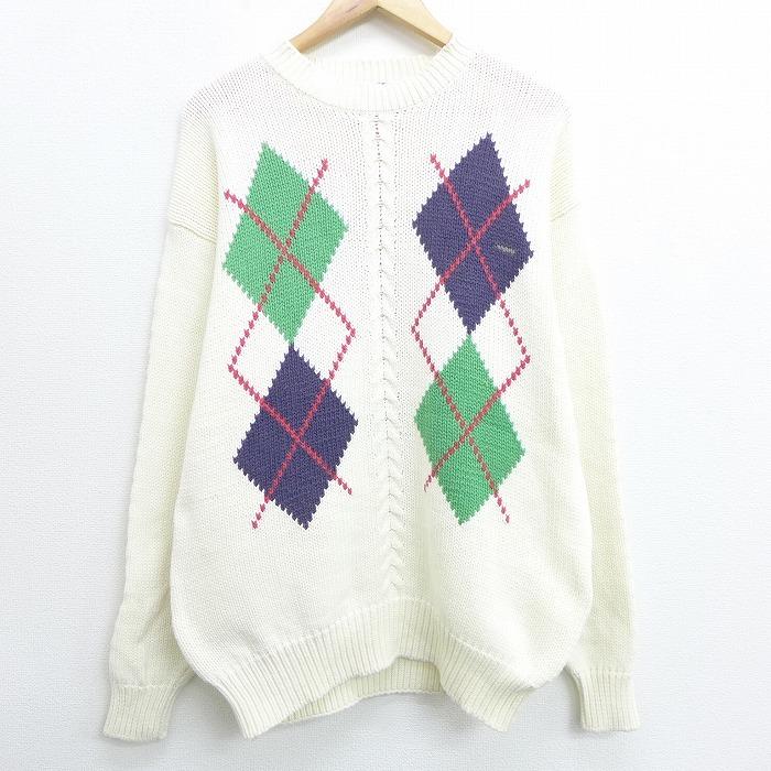 L 古着 長袖 セーター 90s ギャップ Gap アーガイル コットン クルーネック 白 ホワイト Spe oct08 中古 メンズ ニット トップス Swtr 古着屋rushout 通販 Yahoo ショッピング