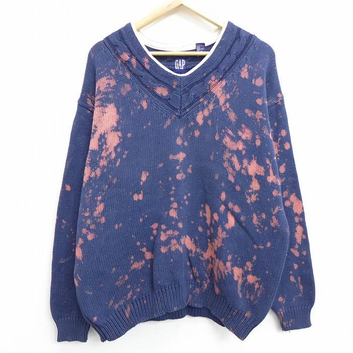 L 古着 長袖 セーター 90s ギャップ Gap コットン Vネック 紺 ネイビー ブリーチ加工 oct12 中古 メンズ ニット トップス Swtr 古着屋rushout 通販 Yahoo ショッピング