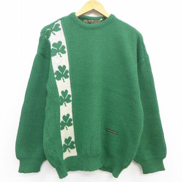 M 古着 長袖 セーター メンズ 90s クローバー ウール クルーネック 緑 グリーン 21oct07 中古 ニット トップス Swtr 古着屋rushout 通販 Yahoo ショッピング