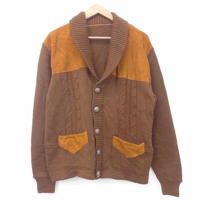 M 古着 長袖 ニット カーディガン メンズ 80s スエード使用 ショールカラー 茶 ブラウン 22feb04 中古 トップス Swtr 古着屋rushout 通販 Yahoo ショッピング