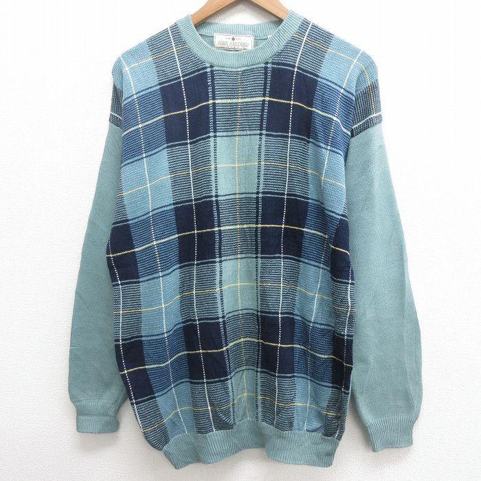 M 古着 長袖 セーター メンズ 00s コットン クルーネック 薄緑他 グリーン チェック 22feb07 中古 ニット トップス Swtr 古着屋rushout 通販 Yahoo ショッピング