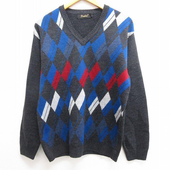 M/古着 長袖 セーター メンズ 00s アーガイル Vネック 濃グレー 霜降り