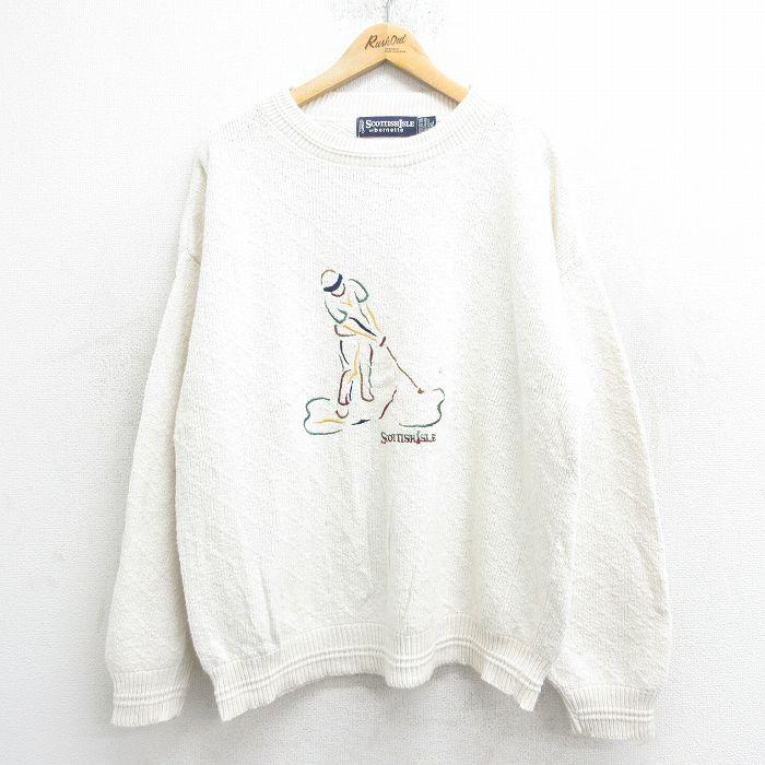 XL/古着 長袖 セーター メンズ 90s ゴルフ 刺繍 手織り 大きいサイズ