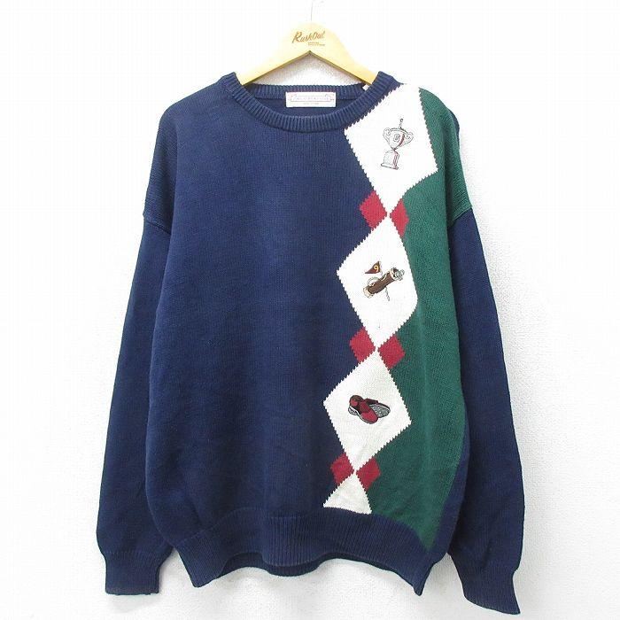 XL/古着 長袖 セーター メンズ 00s ゴルフ 刺繍 アーガイル 大きい 
