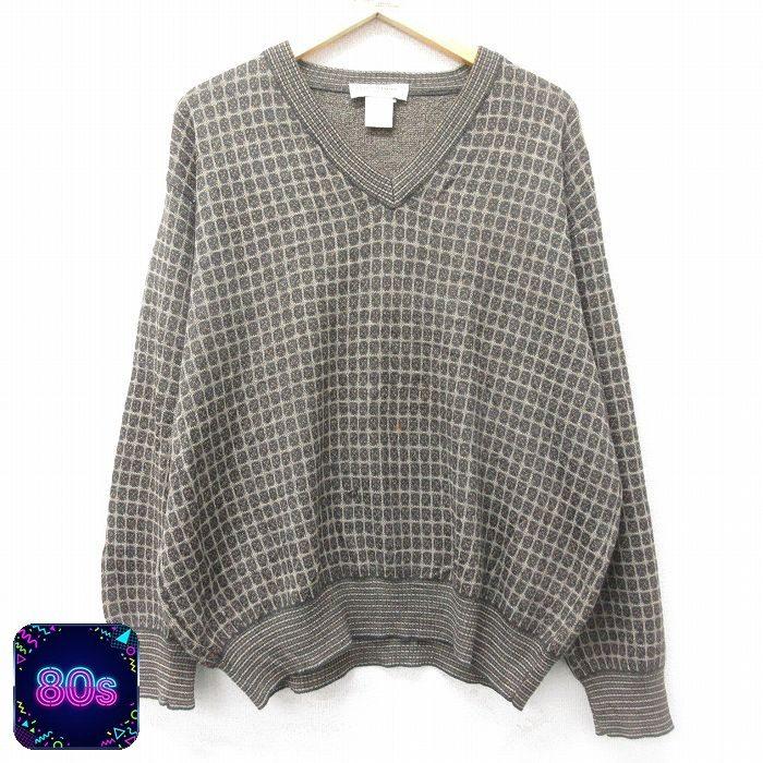 50%OFF】XL/古着 長袖 セーター メンズ 80s ウール Vネック 茶他 